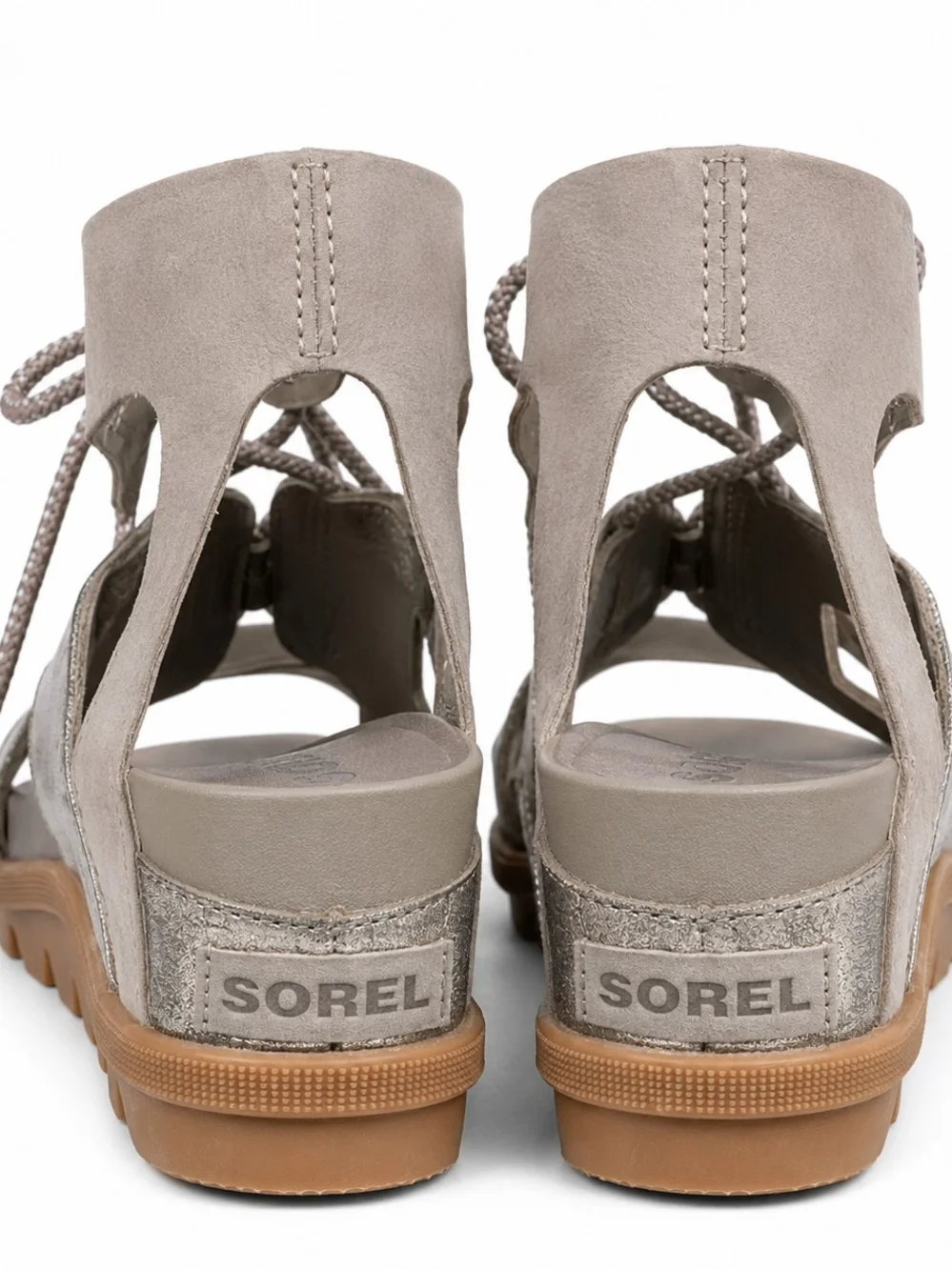 Sorel Joanie II Lace Wedge Sandals Womens‎ 10 Taupe Metallic Leather Platform